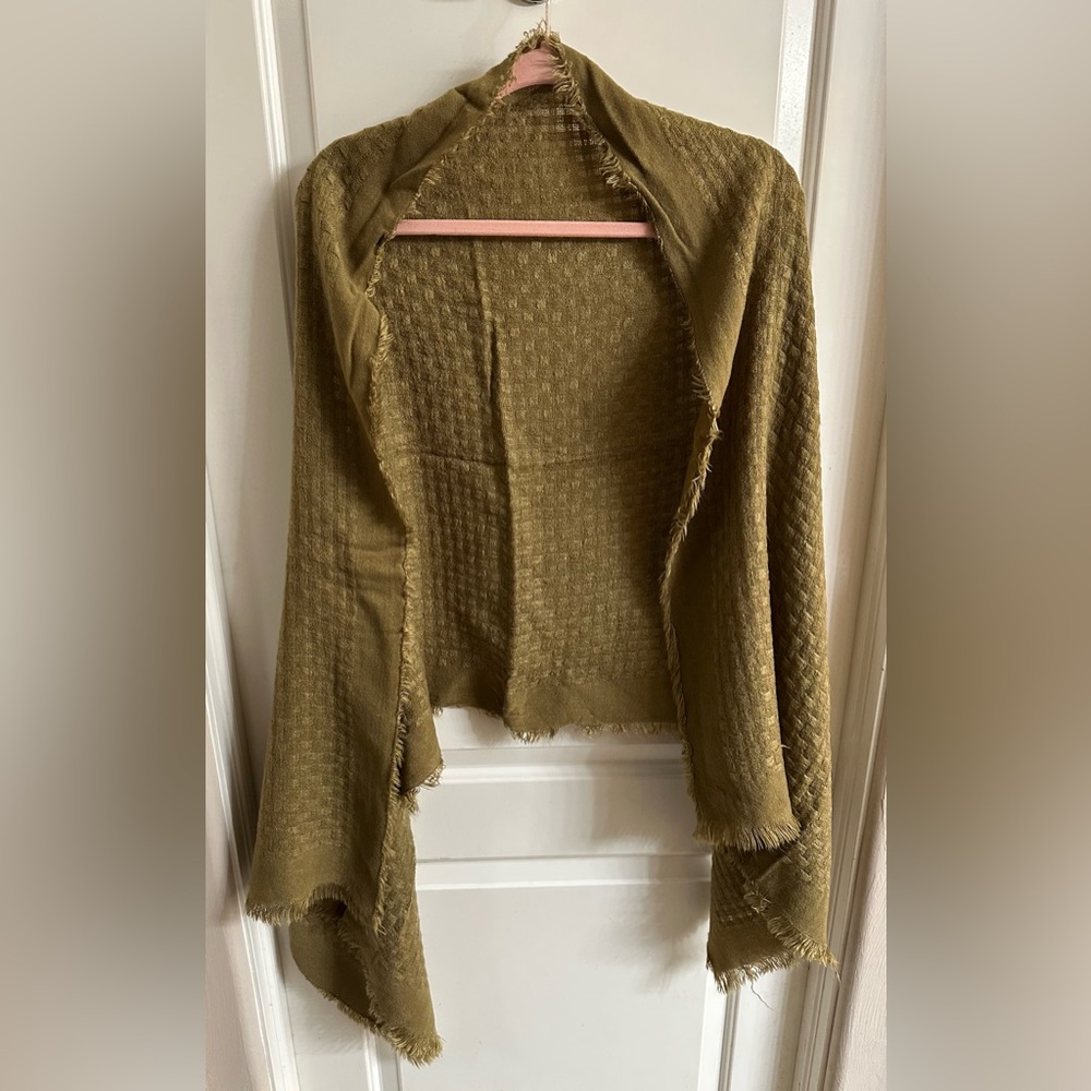 Boho Olive Green Ruched Shrug Shawl - Fringed Pashmina Wrap